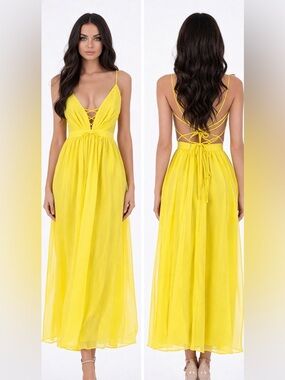 Active USA Yellow Strappy Backless Chiffon Maxi Dress